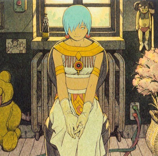 Linda seated in the toy room. Illustration by Tatsuyuki Tanaka.
